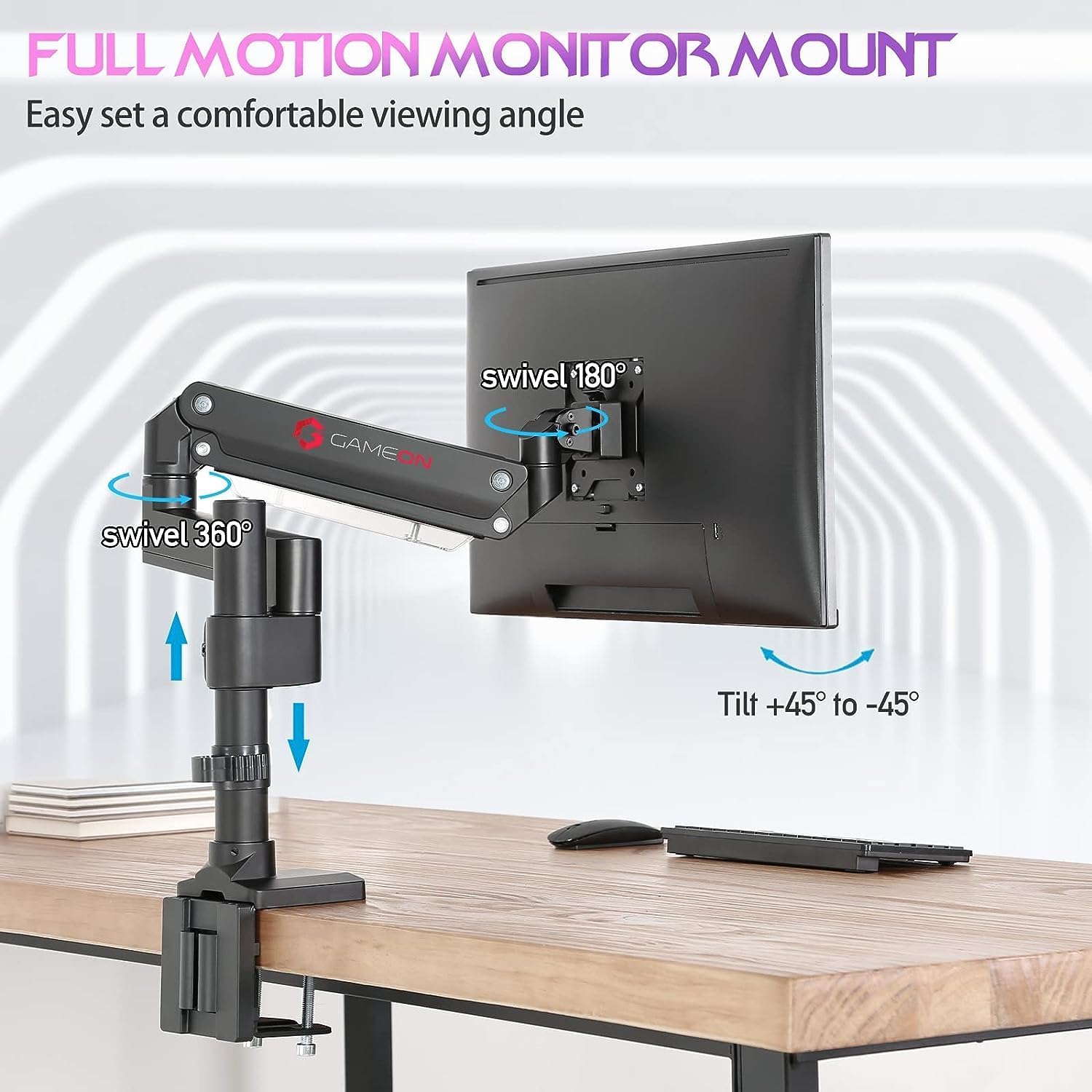 GAMEON GO-2083 Pole-Mounted Aluminum Heavy-Duty Spring-Assisted Single Monitor Arm For Gaming And Office Use, 17 GAMEON GO-2083 Pole-Mounted Aluminum Heavy-Duty Spring-Assisted Single Monitor Arm For Gaming And Office Use, 17